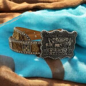 3D Belt Co Western Belt Brown Leather Calf Hair Studs Sz 42 W/1987 NFR Buckle